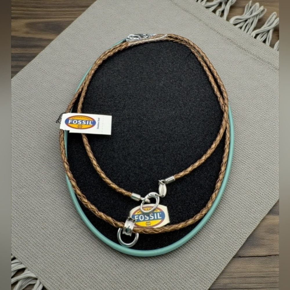 Fossil Tan Braided Necklace with Silver Accents